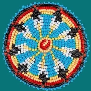 May include: A round beaded design with a blue, white, red, yellow, and black color scheme. The center of the design features a red circle with a yellow center. The design is surrounded by a black border.
