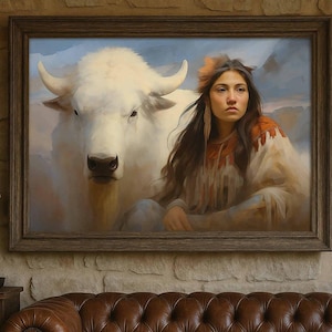 White Buffalo Canvas Wall Art & Native Woman Boho Decor, Tribal Spirit Animal Print