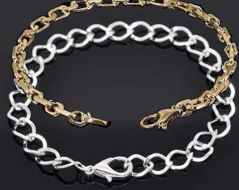 6 Gold or Silver Plated Bracelet Chains, 20 cm Lobster Clasp Link Chain Bracelets, Mixed Styles Charm Bracelet Chain