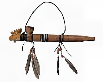 Hand Carved Moose Head Peace Pipe – 12” Wooden Ceremonial Pipe with Feathers & Beadwork