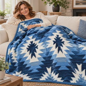May include: A plush throw blanket featuring a repeating geometric pattern in shades of navy blue, medium blue, and white. The blanket has a soft, textured surface and is finished with a solid blue fabric trim along the edges, providing a cozy layer.