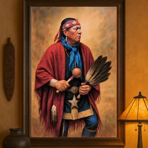 Puede incluir: Retrato enmarcado de un nativo americano con vestimenta tradicional. Lleva un chal rojo, una bufanda azul y una diadema. Sostiene un abanico de plumas y una sonaja. La pintura está sobre un fondo cálido y neutro.