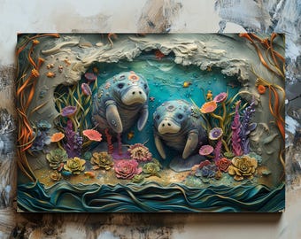 Arte de pared de manatí, decoración submarina colorida, impresión en lienzo con vida marina y temática oceánica