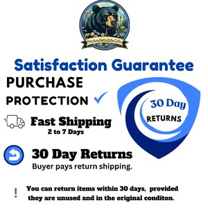May include: A blue and white graphic with the text "Satisfaction Guarantee", "Purchase Protection", "Fast Shipping 2 to 7 Days", "30 Day Returns Buyer pays return shipping.", and "30 Day Returns". The graphic also includes a checkmark, a delivery truck icon, and a left arrow icon.
