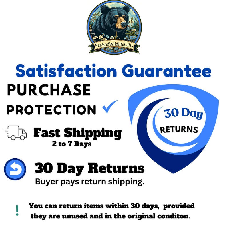 May include: A blue and white graphic with the text "Satisfaction Guarantee", "Purchase Protection", "Fast Shipping 2 to 7 Days", "30 Day Returns Buyer pays return shipping.", and "30 Day Returns". The graphic also includes a checkmark, a delivery truck icon, and a left arrow icon.