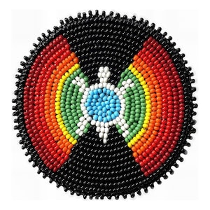 May include: A round beaded design featuring a central turtle motif. The design incorporates a rainbow arc of red, orange, yellow, and green beads, with a blue and white turtle in the center, all set against a black beaded background.