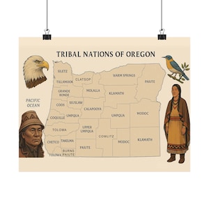 May include: A map of Oregon showing the tribal nations that lived in the state. The map is beige with brown lines and text. The map is surrounded by illustrations of people and animals from the different tribes.