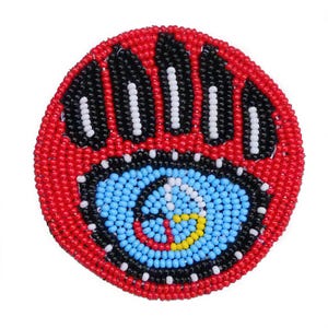 2.5″ Red Bear Paw beaded patch, powwow regalia, sewing supplies