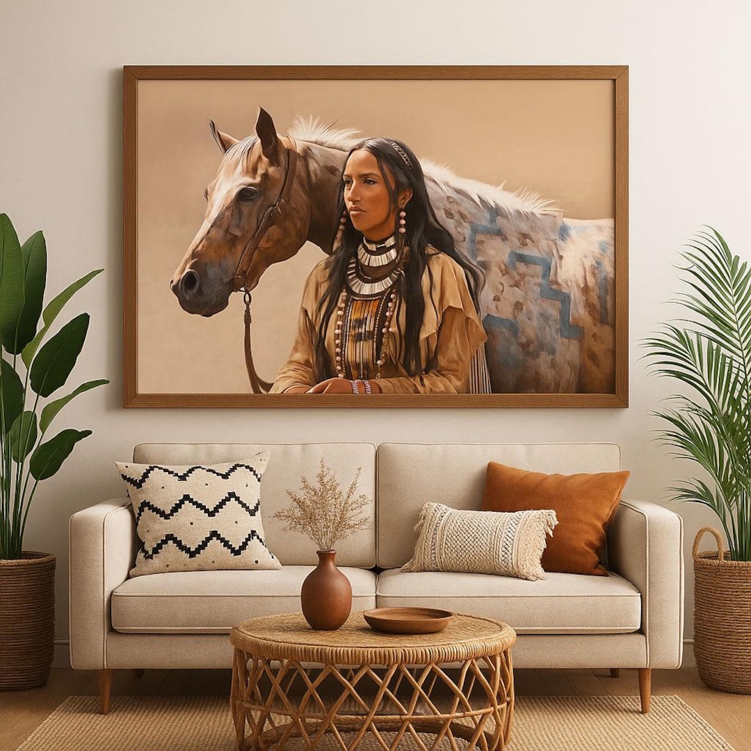 Warrior Woman and War Horse Canvas Art Print, Horses, Native American ...