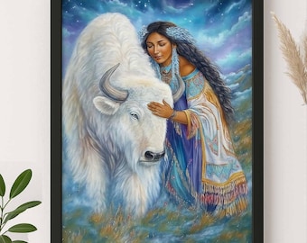 Canvas Print, White Buffalo Calf Woman with White Buffalo, Spirituality Wall Art, Native American Decor, Boho Home Decor, Meditation Art