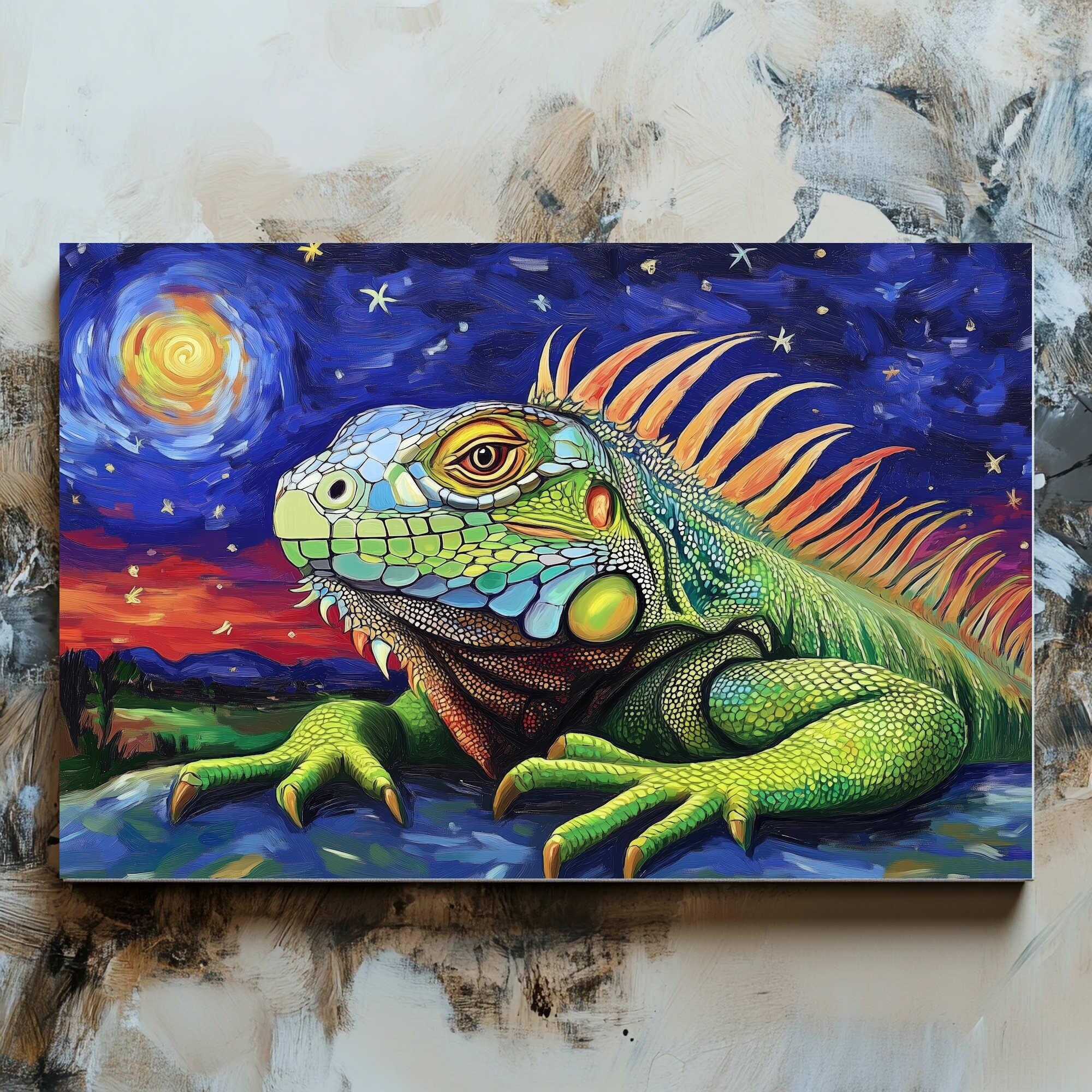 Impresión en lienzo mate de iguana verde en una noche estrellada, pintura de lagarto