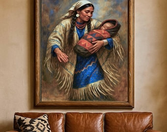Native American Maternal Love, Indigenous Mother and Child Matte Canvas Art