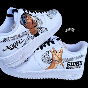 Custom Hand-Painted Nike Air Force 1 Sneakers with a realistic portrait of Singer Tupac and Sidhu Moosewala hands with paisley designs - Personalized Shoes for Music fans lovers- Tupac, Sidhu Moosewala