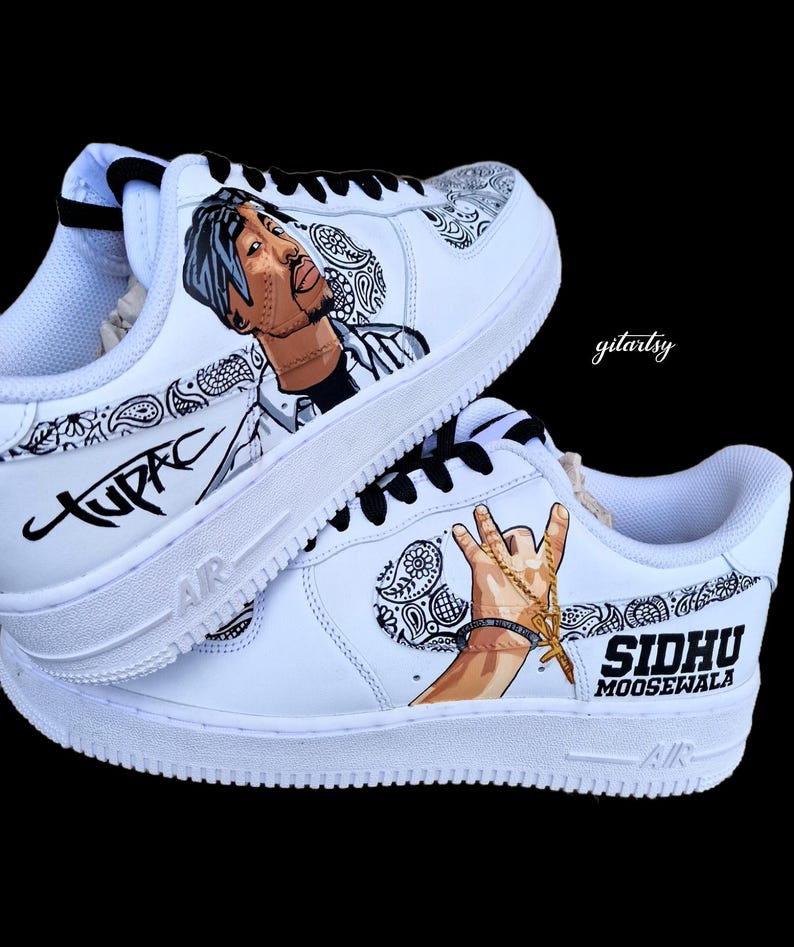Custom Hand-Painted Nike Air Force 1 Sneakers with a realistic portrait of Singer Tupac and Sidhu Moosewala hands with paisley designs - Personalized Shoes for Music fans lovers- Tupac, Sidhu Moosewala