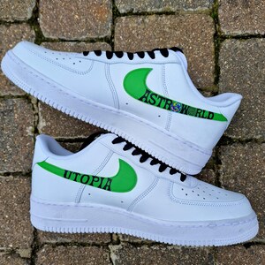 Custom Hand-Painted Nike Air Force 1 Sneakers with a realistic portrait of  Singer Travis Scott painted and his song Lyrics "Said ill be there in 10, but I got there in four"- Personalized Shoes for Music fans lovers- Travis Scott