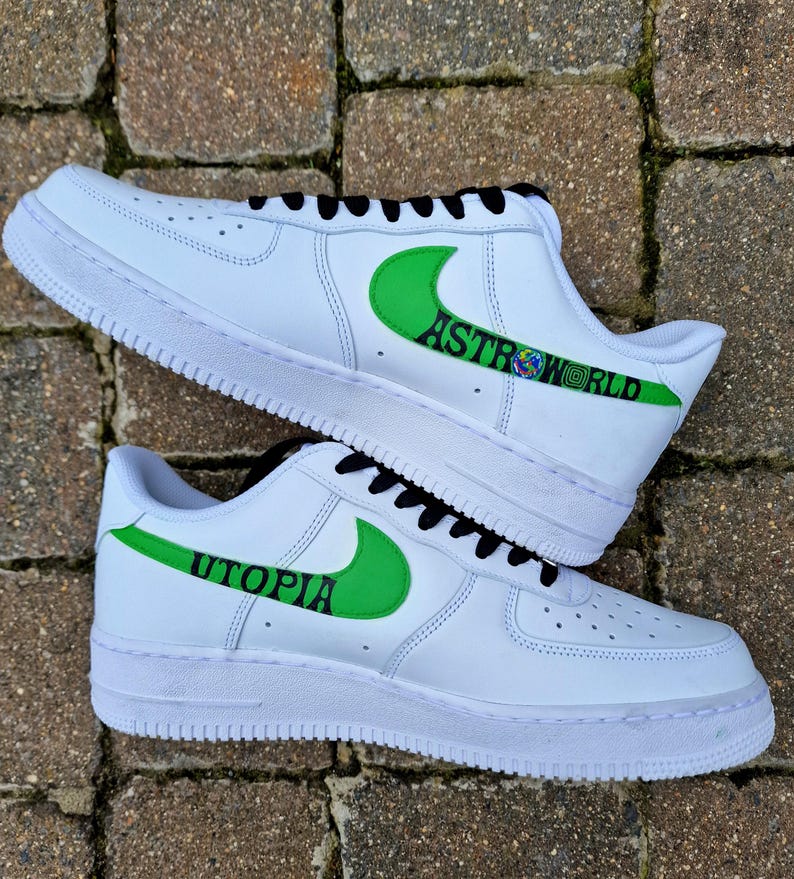 Custom Hand-Painted Nike Air Force 1 Sneakers with a realistic portrait of  Singer Travis Scott painted and his song Lyrics "Said ill be there in 10, but I got there in four"- Personalized Shoes for Music fans lovers- Travis Scott