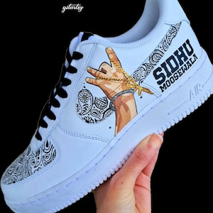 Custom Hand-Painted Nike Air Force 1 Sneakers with a realistic portrait of Singer Tupac and Sidhu Moosewala hands with paisley designs - Personalized Shoes for Music fans lovers- Tupac, Sidhu Moosewala