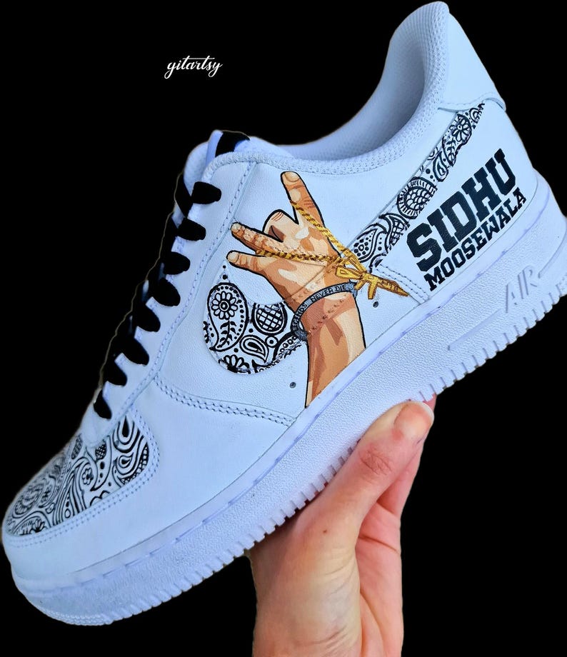 Custom Hand-Painted Nike Air Force 1 Sneakers with a realistic portrait of Singer Tupac and Sidhu Moosewala hands with paisley designs - Personalized Shoes for Music fans lovers- Tupac, Sidhu Moosewala