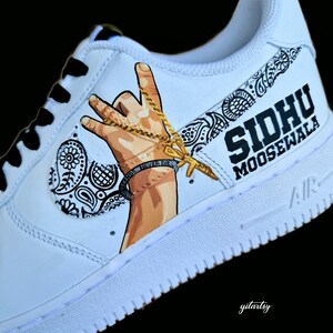 Custom Hand-Painted Nike Air Force 1 Sneakers with a realistic portrait of Singer Tupac and Sidhu Moosewala hands with paisley designs - Personalized Shoes for Music fans lovers- Tupac, Sidhu Moosewala