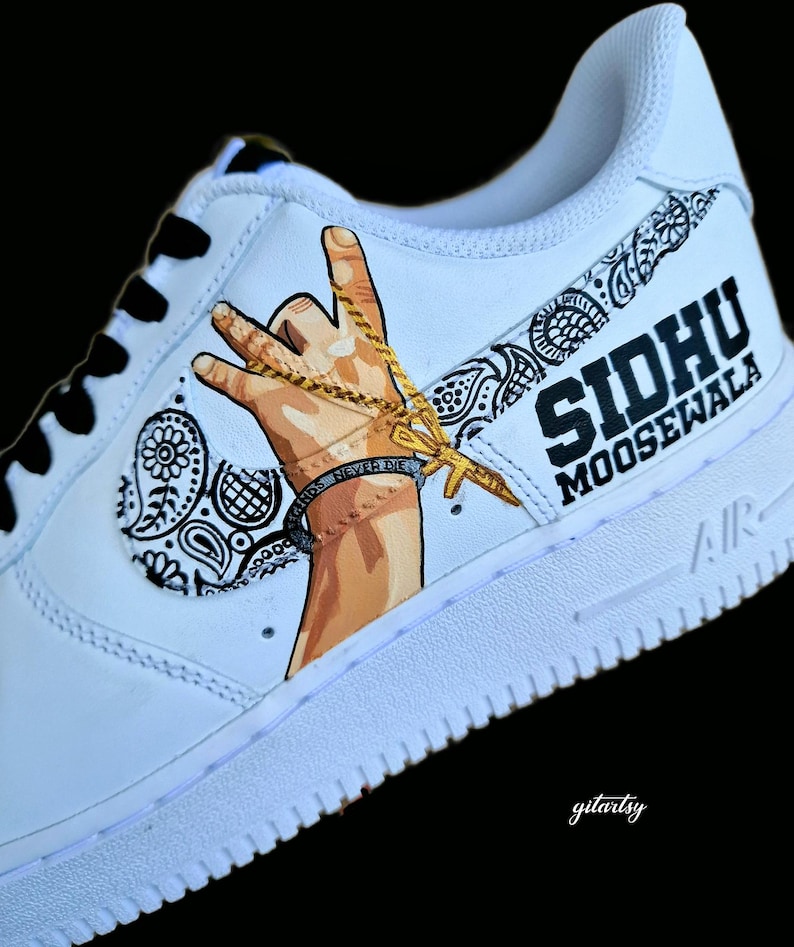 Custom Hand-Painted Nike Air Force 1 Sneakers with a realistic portrait of Singer Tupac and Sidhu Moosewala hands with paisley designs - Personalized Shoes for Music fans lovers- Tupac, Sidhu Moosewala