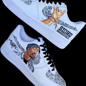 Custom Hand-Painted Nike Air Force 1 Sneakers with a realistic portrait of Singer Tupac and Sidhu Moosewala hands with paisley designs - Personalized Shoes for Music fans lovers- Tupac, Sidhu Moosewala