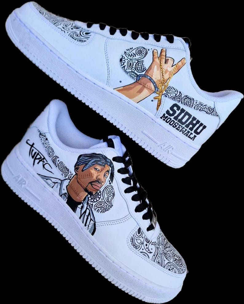 Custom Hand-Painted Nike Air Force 1 Sneakers with a realistic portrait of Singer Tupac and Sidhu Moosewala hands with paisley designs - Personalized Shoes for Music fans lovers- Tupac, Sidhu Moosewala