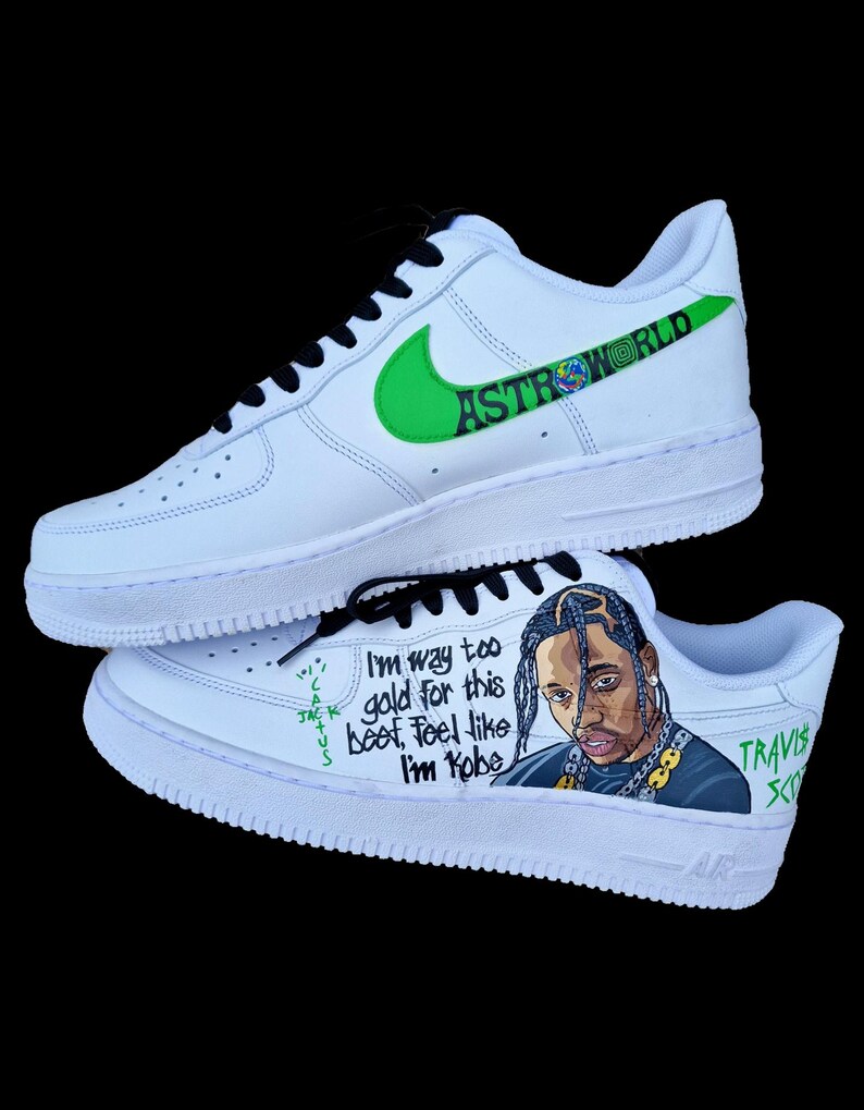 Custom Hand-Painted Nike Air Force 1 Sneakers with a realistic portrait of  Singer Travis Scott painted and his song Lyrics "Said ill be there in 10, but I got there in four"- Personalized Shoes for Music fans lovers- Travis Scott