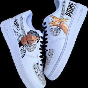 Custom Hand-Painted Nike Air Force 1 Sneakers with a realistic portrait of Singer Tupac and Sidhu Moosewala hands with paisley designs - Personalized Shoes for Music fans lovers- Tupac, Sidhu Moosewala