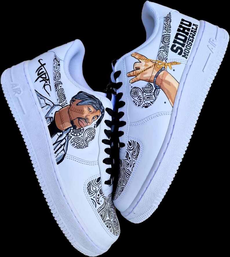 Custom Hand-Painted Nike Air Force 1 Sneakers with a realistic portrait of Singer Tupac and Sidhu Moosewala hands with paisley designs - Personalized Shoes for Music fans lovers- Tupac, Sidhu Moosewala