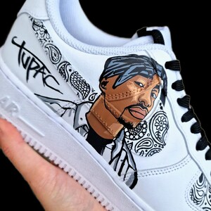 Custom Hand-Painted Nike Air Force 1 Sneakers with a realistic portrait of Singer Tupac and Sidhu Moosewala hands with paisley designs - Personalized Shoes for Music fans lovers- Tupac, Sidhu Moosewala