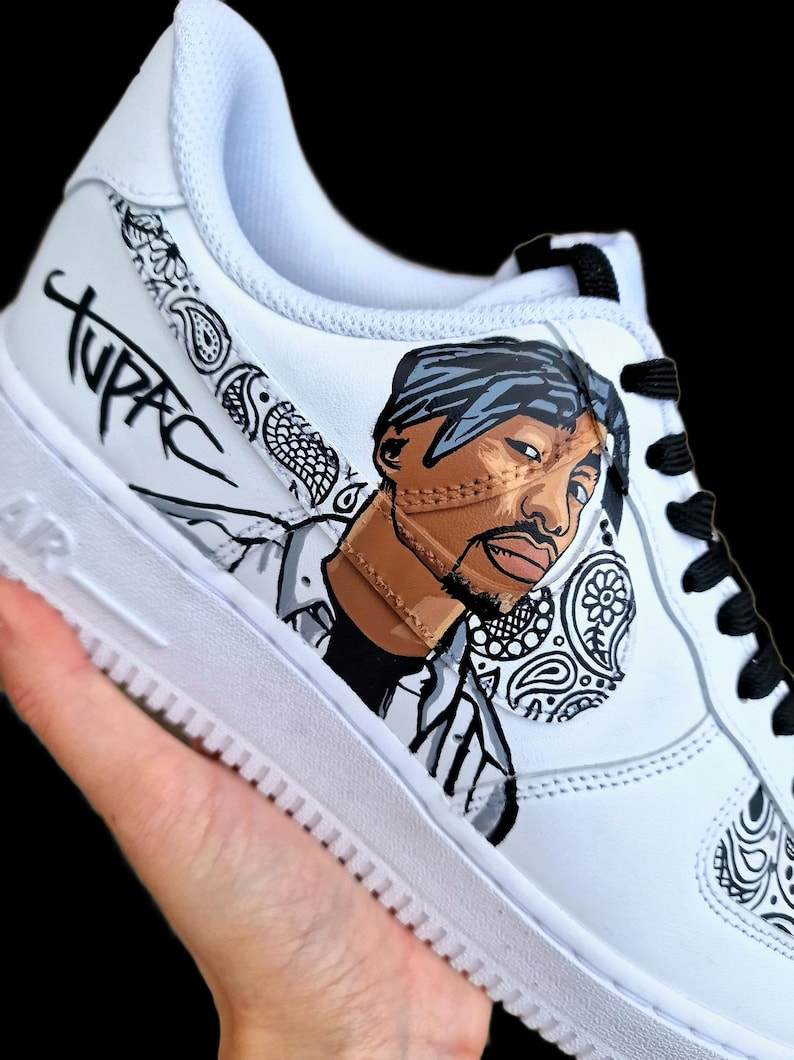 Custom Hand-Painted Nike Air Force 1 Sneakers with a realistic portrait of Singer Tupac and Sidhu Moosewala hands with paisley designs - Personalized Shoes for Music fans lovers- Tupac, Sidhu Moosewala