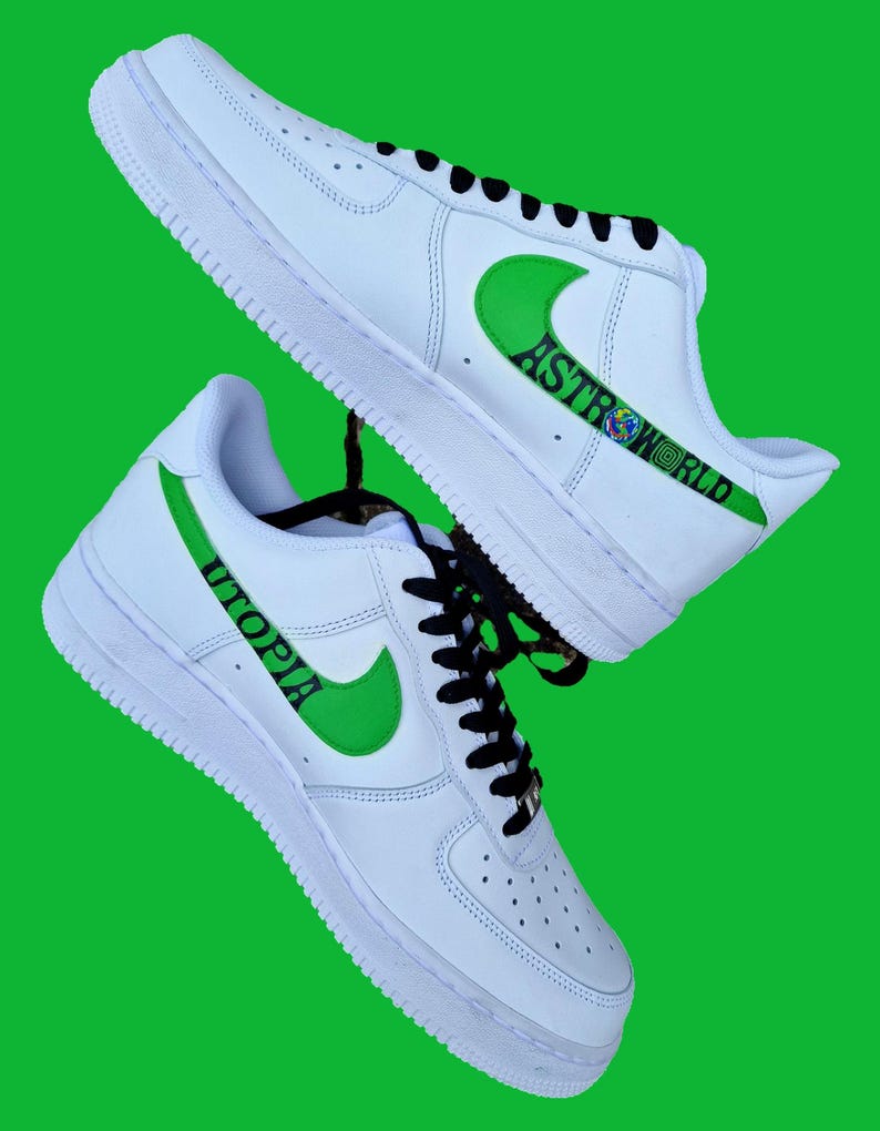 Custom Hand-Painted Nike Air Force 1 Sneakers with a realistic portrait of  Singer Travis Scott painted and his song Lyrics "Said ill be there in 10, but I got there in four"- Personalized Shoes for Music fans lovers- Travis Scott