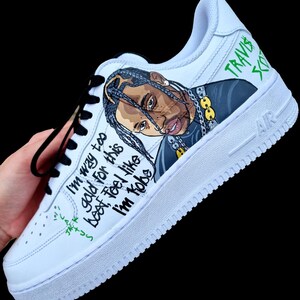 Custom Hand-Painted Nike Air Force 1 Sneakers with a realistic portrait of  Singer Travis Scott painted and his song Lyrics "Said ill be there in 10, but I got there in four"- Personalized Shoes for Music fans lovers- Travis Scott