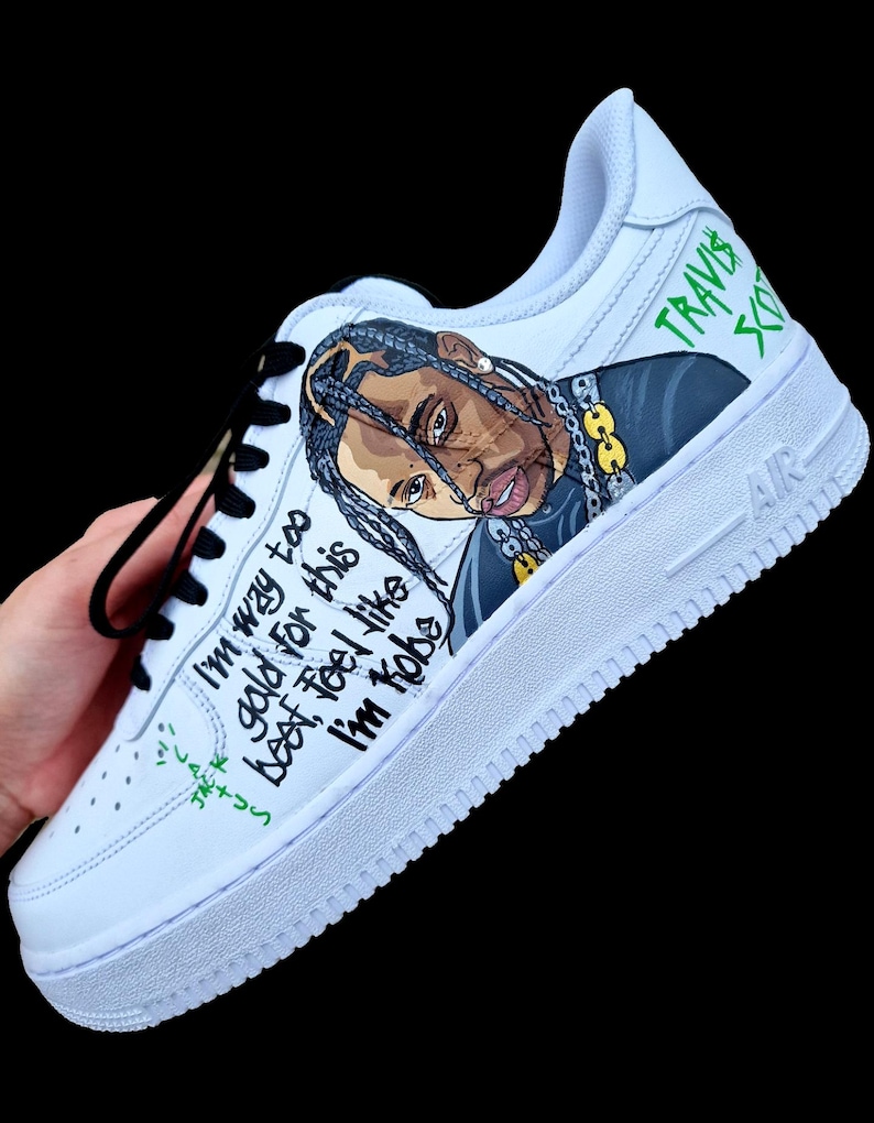 Custom Hand-Painted Nike Air Force 1 Sneakers with a realistic portrait of  Singer Travis Scott painted and his song Lyrics "Said ill be there in 10, but I got there in four"- Personalized Shoes for Music fans lovers- Travis Scott