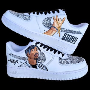 Custom Hand-Painted Nike Air Force 1 Sneakers with a realistic portrait of Singer Tupac and Sidhu Moosewala hands with paisley designs - Personalized Shoes for Music fans lovers- Tupac, Sidhu Moosewala
