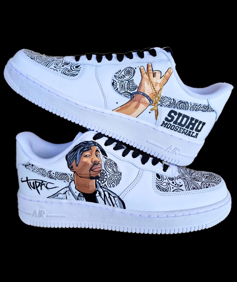 Custom Hand-Painted Nike Air Force 1 Sneakers with a realistic portrait of Singer Tupac and Sidhu Moosewala hands with paisley designs - Personalized Shoes for Music fans lovers- Tupac, Sidhu Moosewala
