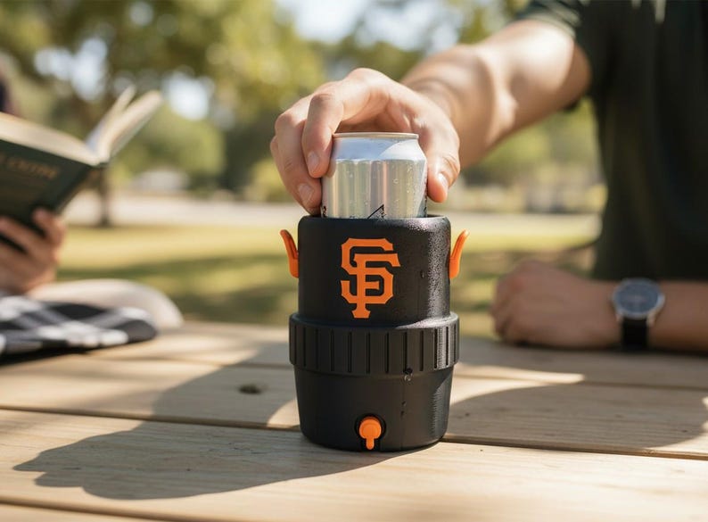 Pode incluir: Refrigerador de latas isolado preto e laranja com o logotipo do San Francisco Giants. O refrigerador tem al&ccedil;as e uma torneira laranja. Uma lata prateada &eacute; colocada dentro. Em uma mesa de piquenique de madeira.