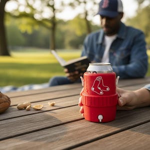 Pode incluir: Um refrigerador de latas vermelho com o logotipo do Boston Red Sox, segurando uma lata prateada. O refrigerador est&aacute; em uma mesa de madeira, com uma luva de beisebol e amendoins por perto. Uma pessoa est&aacute; lendo um livro ao fundo.