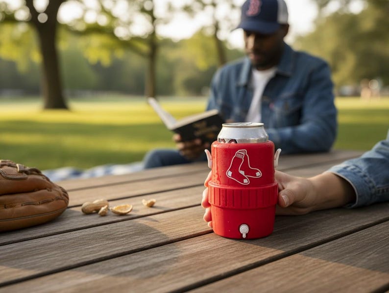 Pode incluir: Um refrigerador de latas vermelho com o logotipo do Boston Red Sox, segurando uma lata prateada. O refrigerador est&aacute; em uma mesa de madeira, com uma luva de beisebol e amendoins por perto. Uma pessoa est&aacute; lendo um livro ao fundo.