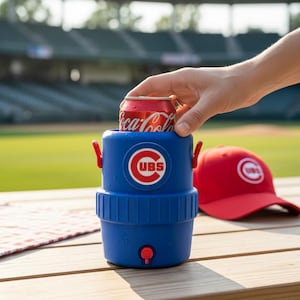May include: A blue beverage cooler with the Chicago Cubs logo holds a red Coca-Cola can. A red baseball cap with the Cubs logo sits nearby. The cooler has red handles and a small red spigot.