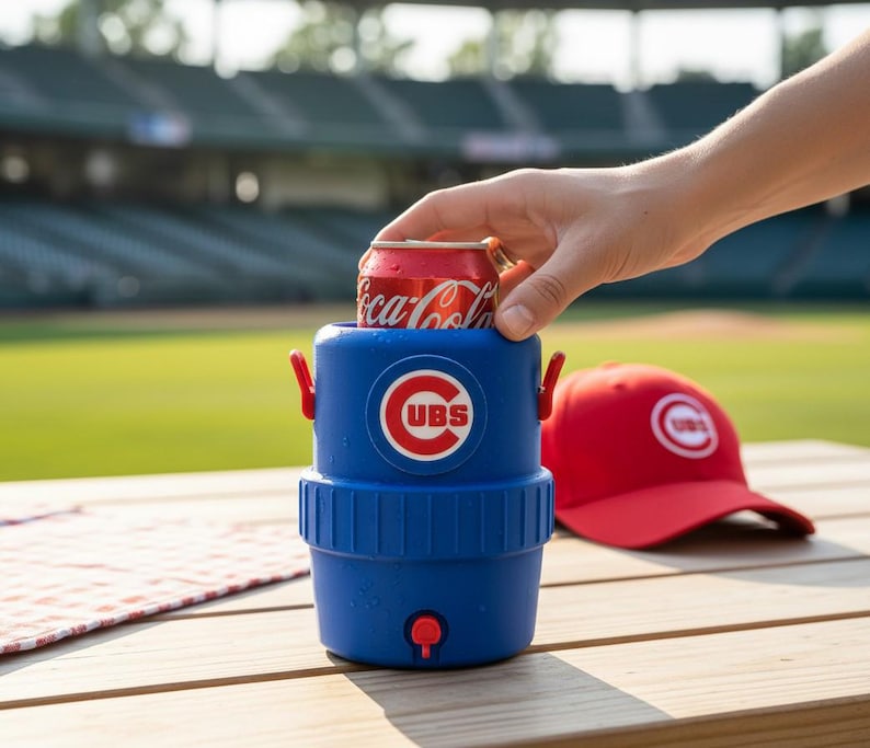 Pode incluir: Um refrigerador de bebidas azul com o logotipo do Chicago Cubs cont&eacute;m uma lata vermelha de Coca-Cola. Um bon&eacute; de beisebol vermelho com o logotipo dos Cubs est&aacute; por perto. O refrigerador tem al&ccedil;as vermelhas e uma pequena torneira vermelha.