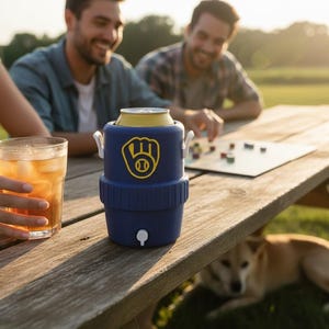 Pode incluir: Um refrigerador de latas azul com um logotipo de luva de beisebol amarelo, segurando uma lata de cerveja, est&aacute; em uma mesa de piquenique de madeira. Um copo de ch&aacute; gelado e pessoas est&atilde;o ao fundo. Um cachorro est&aacute; sob a mesa.