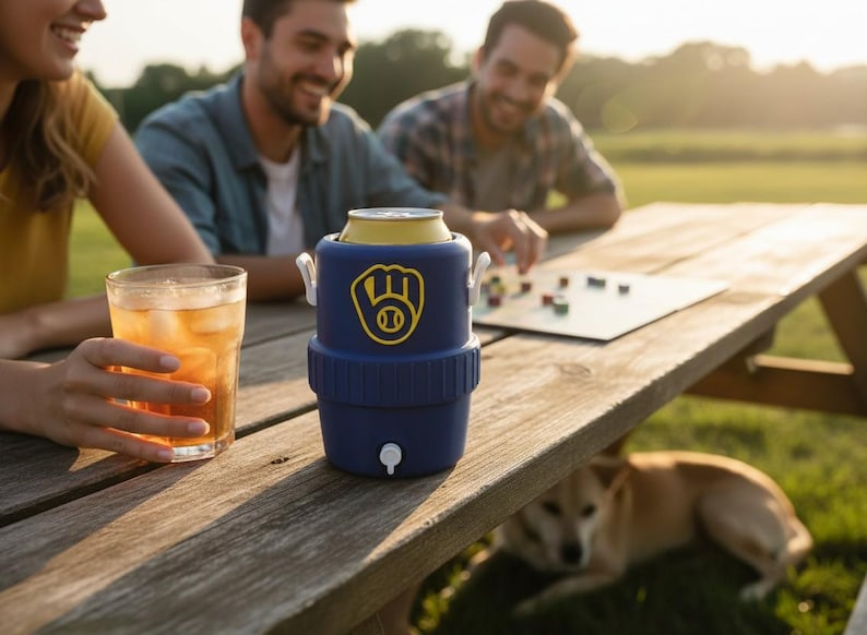 Pode incluir: Um refrigerador de latas azul com um logotipo de luva de beisebol amarelo, segurando uma lata de cerveja, est&aacute; em uma mesa de piquenique de madeira. Um copo de ch&aacute; gelado e pessoas est&atilde;o ao fundo. Um cachorro est&aacute; sob a mesa.