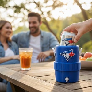 Pode incluir: Um refrigerador de latas azul do Toronto Blue Jays com um logotipo branco e uma folha de bordo vermelha est&aacute; sendo carregado com uma lata de refrigerante. O refrigerador tem uma pequena torneira e al&ccedil;as brancas. Um copo de ch&aacute; gelado est&aacute; em uma mesa de madeira.