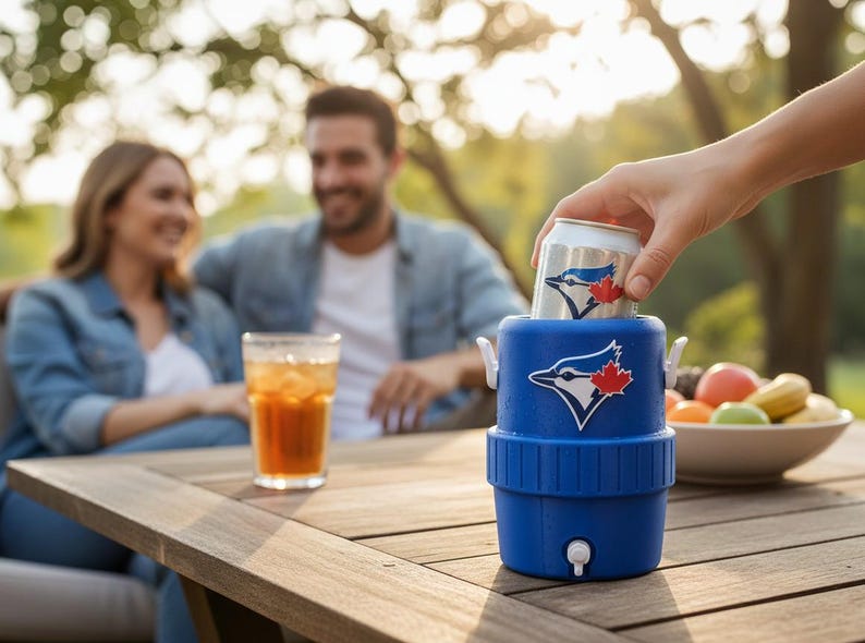 Pode incluir: Um refrigerador de latas azul do Toronto Blue Jays com um logotipo branco e uma folha de bordo vermelha est&aacute; sendo carregado com uma lata de refrigerante. O refrigerador tem uma pequena torneira e al&ccedil;as brancas. Um copo de ch&aacute; gelado est&aacute; em uma mesa de madeira.