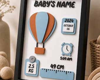 Personalized 3D Printed Baby Birth Stats Frame | Hot Air Balloon Nursery Decor | Custom Name Gift