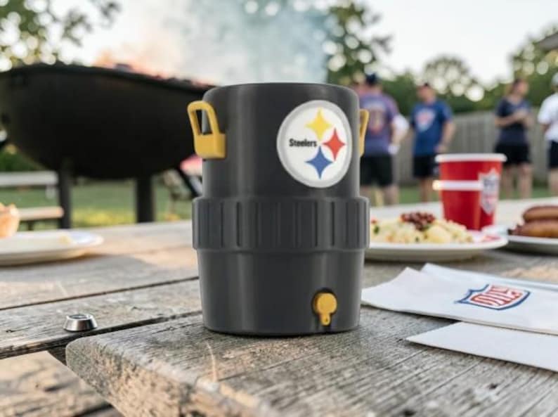 May include: A black insulated drinks cooler with yellow handles, displaying the Pittsburgh Steelers logo. The cooler is on a wooden picnic table, with a barbecue and people in the background. A red cup and food are also visible.