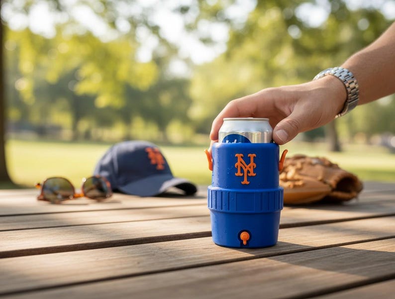 Pode incluir: Um refrigerador de latas azul com detalhes em laranja e o logotipo do New York Mets cont&eacute;m uma lata prateada. Um bon&eacute; de beisebol, &oacute;culos de sol e uma luva de beisebol est&atilde;o em uma mesa de madeira.
