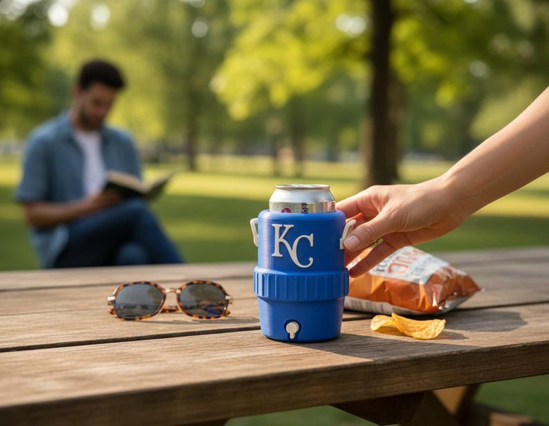 Pode incluir: Um refrigerador de lata azul com as letras brancas "KC" est&aacute; em uma mesa de piquenique de madeira. Uma m&atilde;o se estende para o refrigerador. &Oacute;culos de sol e um saco de batatas fritas tamb&eacute;m est&atilde;o na mesa. Uma pessoa l&ecirc; um livro ao fundo.