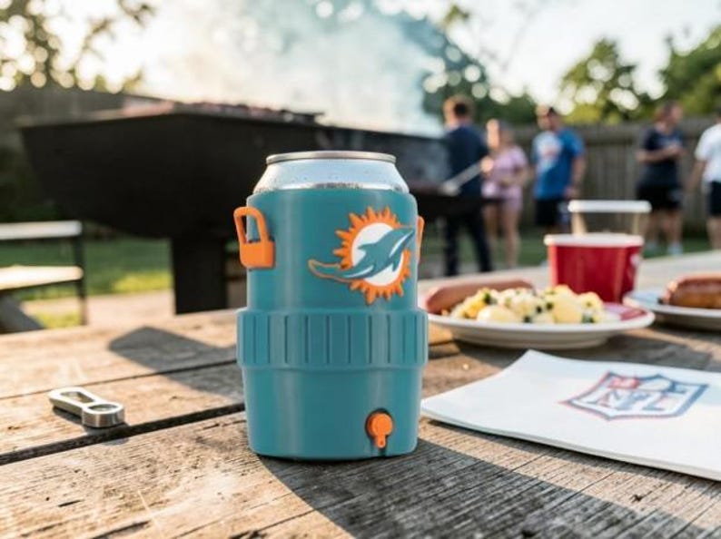 May include: A teal can cooler with an orange handle and a Miami Dolphins logo. The cooler is on a wooden table with food and a bottle opener. People are in the background near a barbecue.